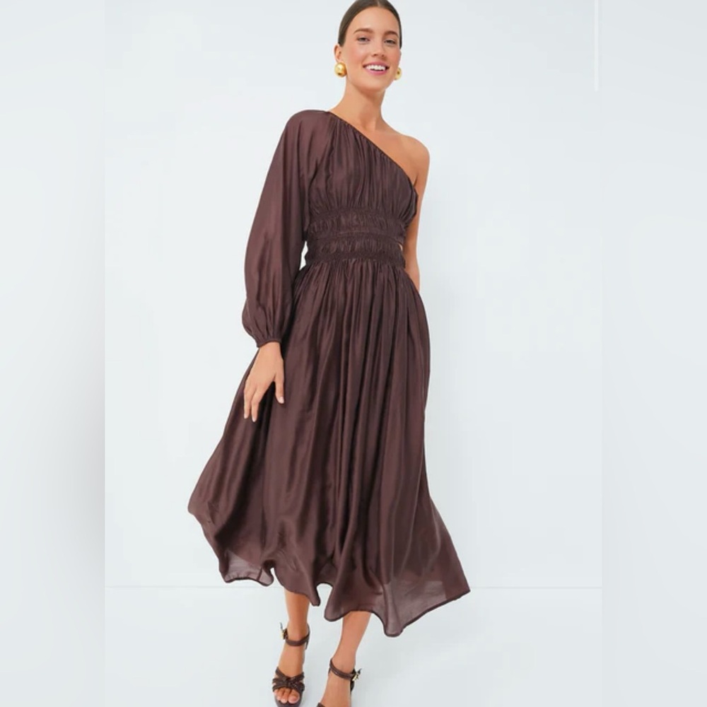 Tuckernuck Moon River Chocolate Maxi Dress, one shoulder